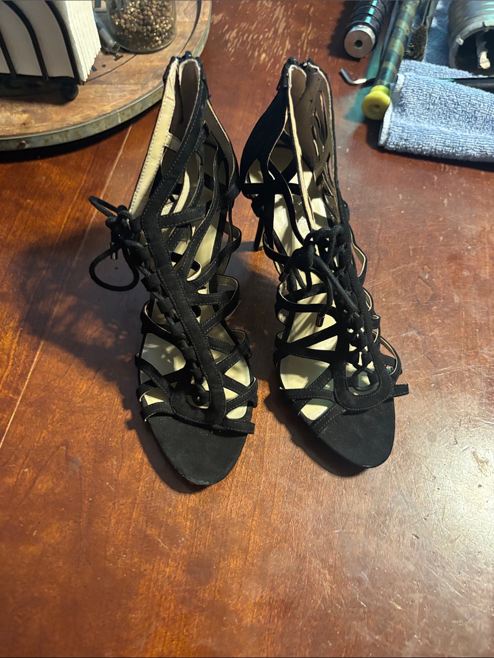 Nine West Black Lace-Up Cutout Heeled Sandals